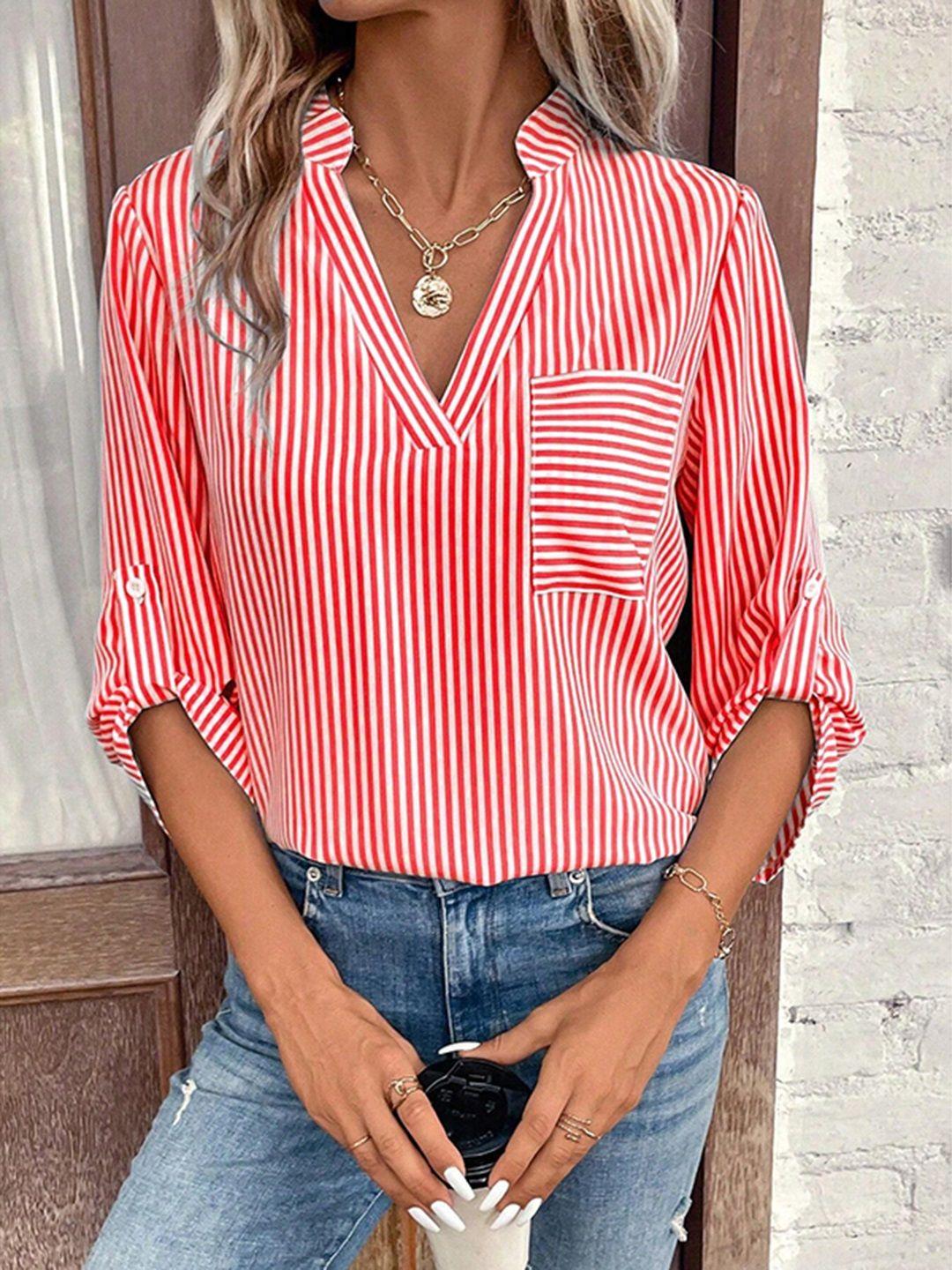 stylecast red vertical stripes mandarin collar roll-up sleeves shirt style top