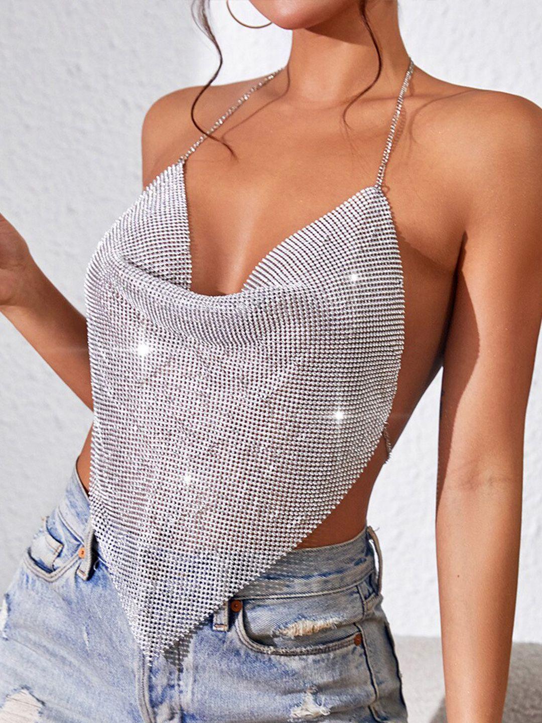 stylecast rhinestone embellished halter neck open-back crop top