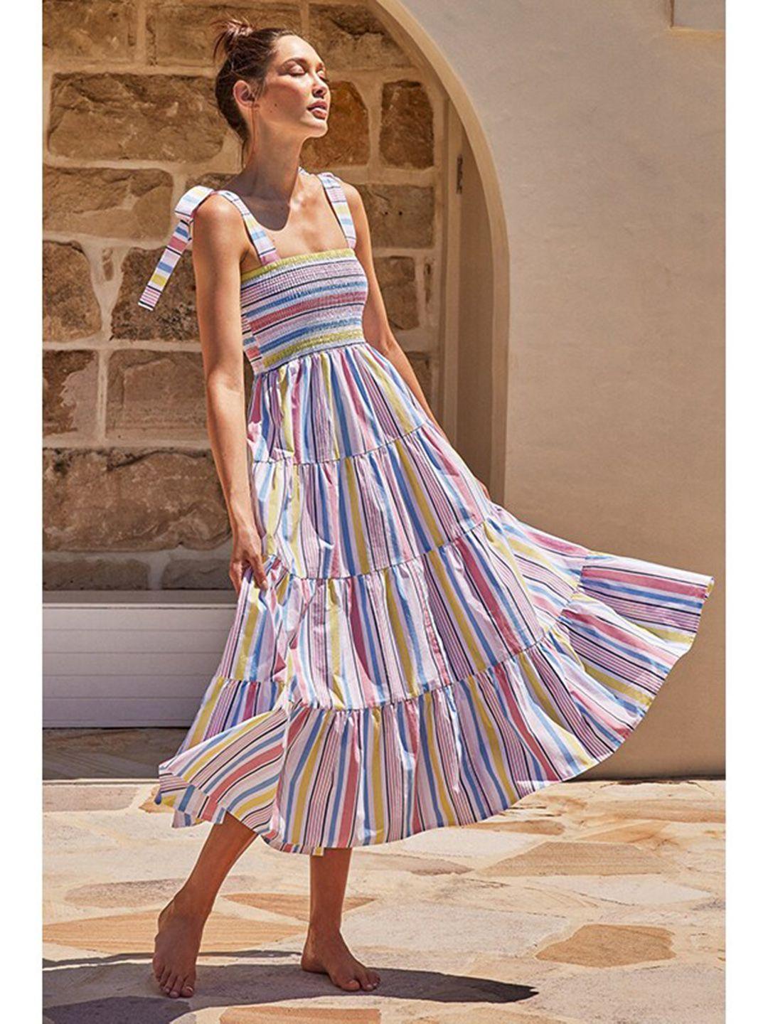 stylecast shoulder straps striped smocked tiered a-line midi dress