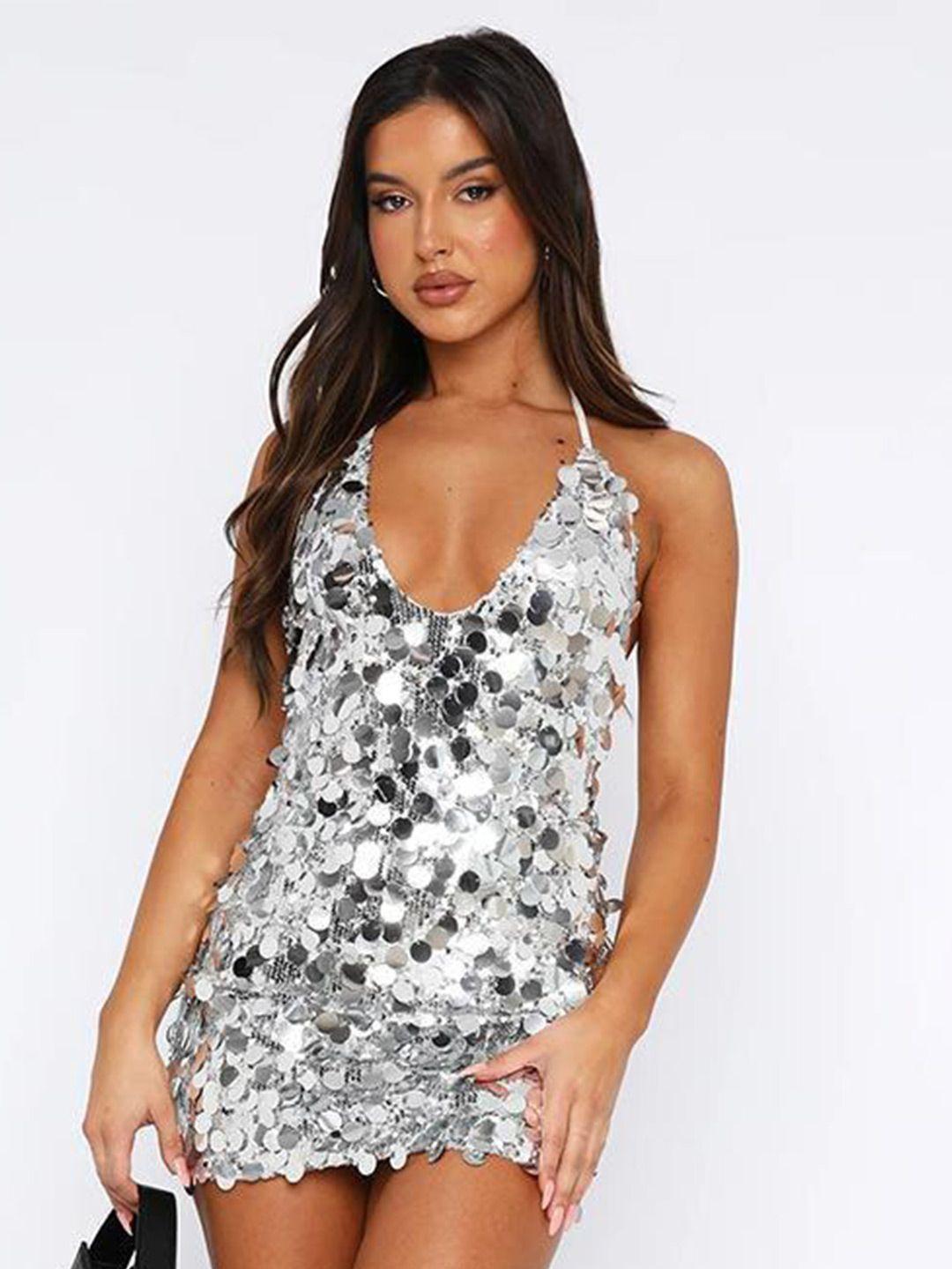 stylecast silver-toned embellished halter neck bodycon party dress