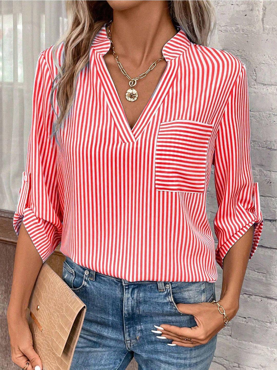 stylecast striped mandarin collar roll-up sleeves shirt style top