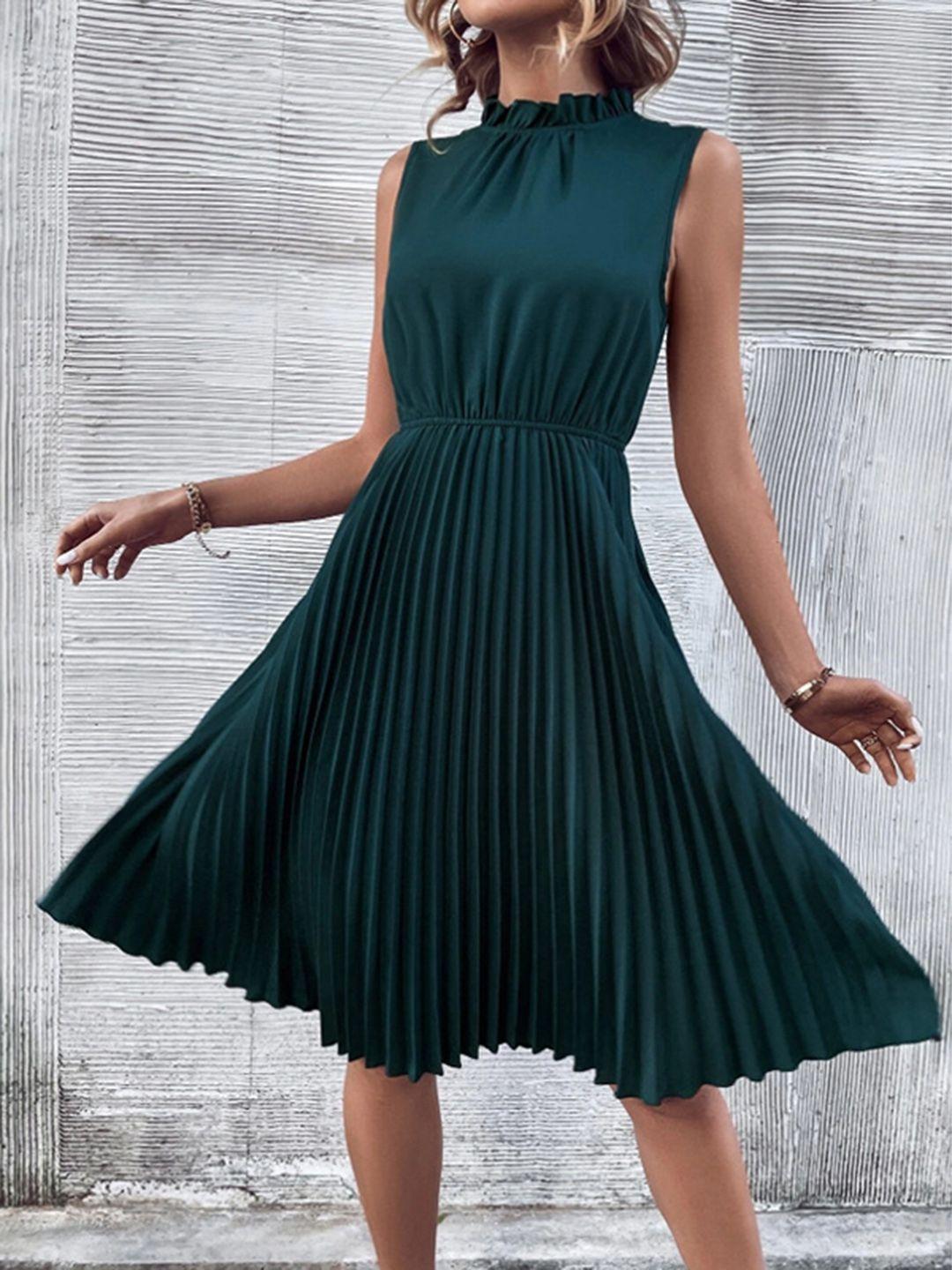 stylecast striped round neck accordion pleats fit & flare dress