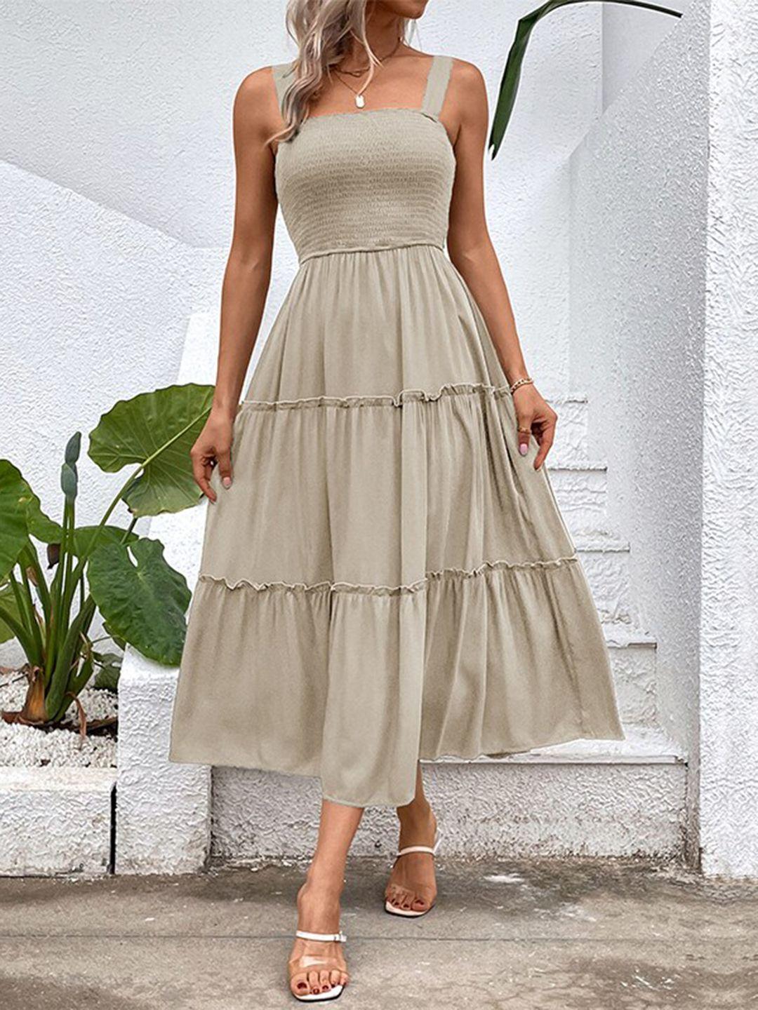 stylecast tan shoulder straps smocked tiered fit and flare midi dress