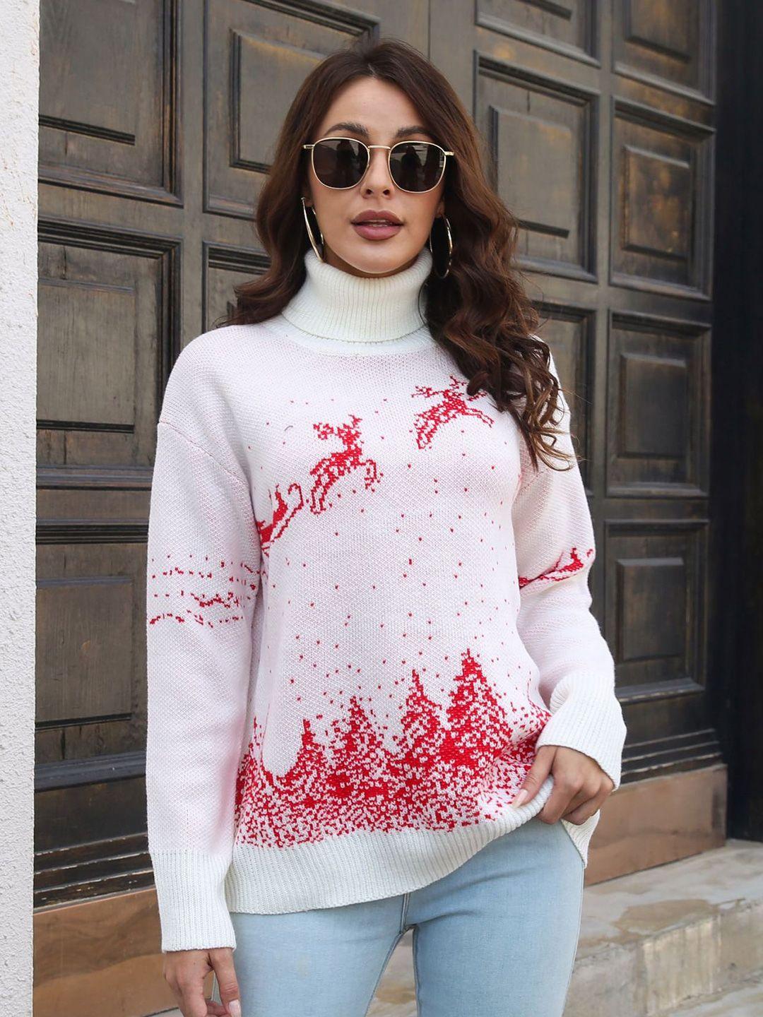stylecast turtle neck printed acrylic pullover with embroidered detail