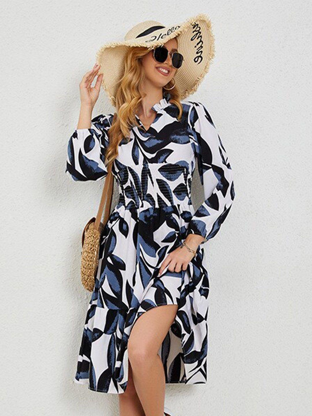 stylecast white & blue print puff sleeve fit & flare midi dress