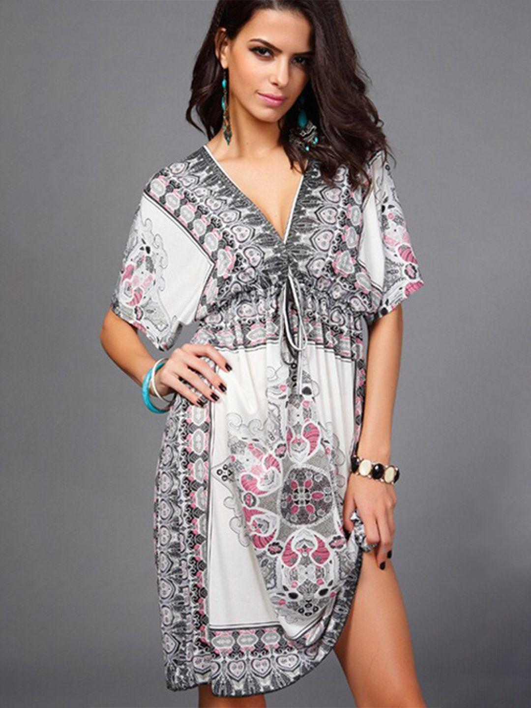 stylecast white & grey ethnic motifs printed kaftan mini dress