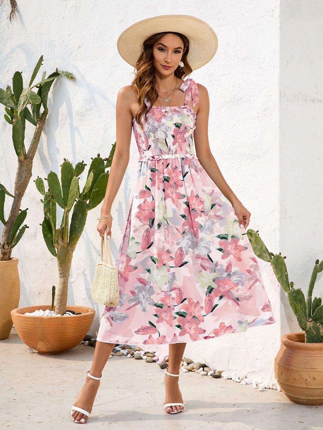 stylecast white & pink floral printed shoulder straps smocked fit & flare dress