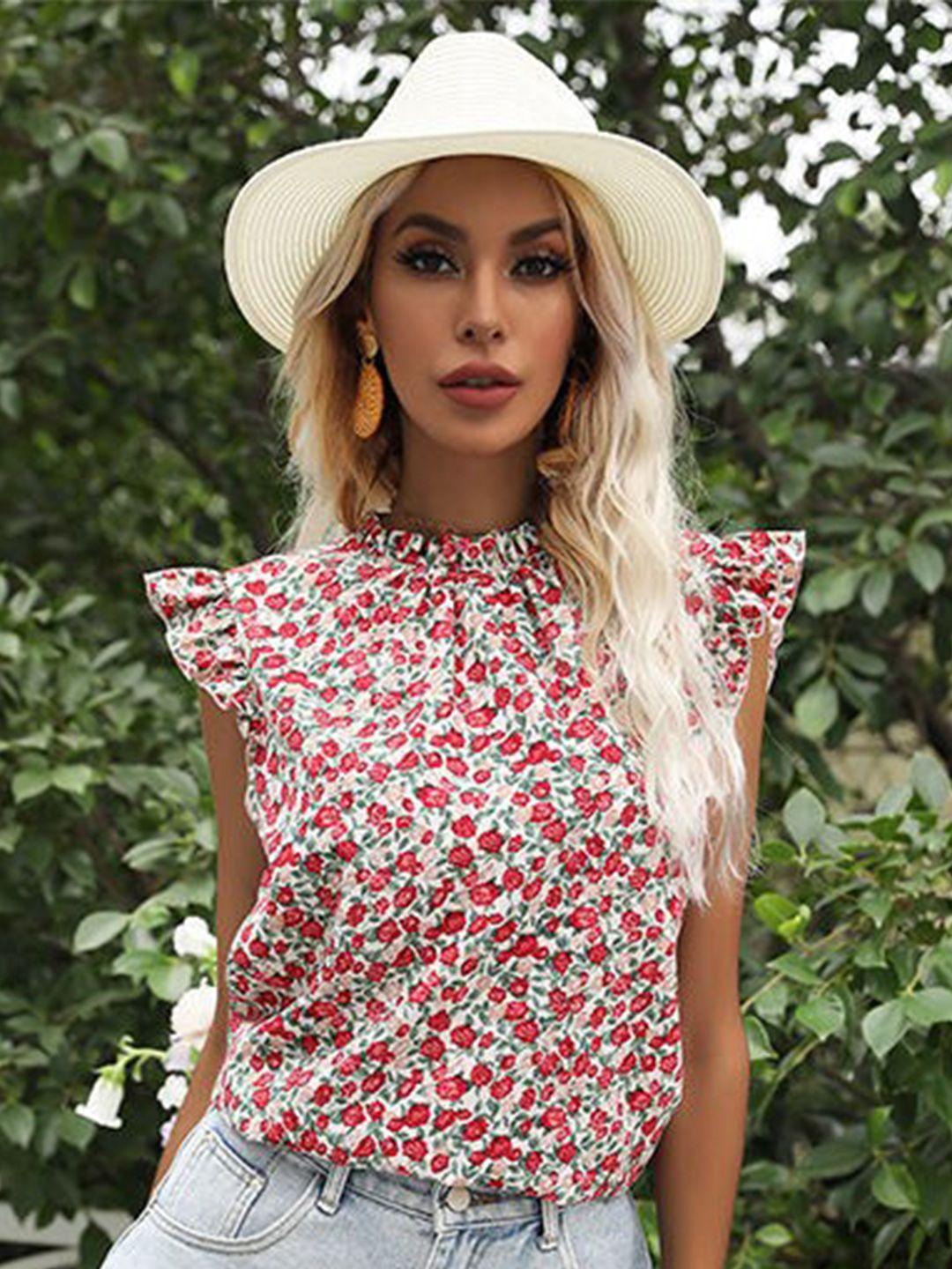 stylecast white & red floral printed high neck flutter sleeves cotton top