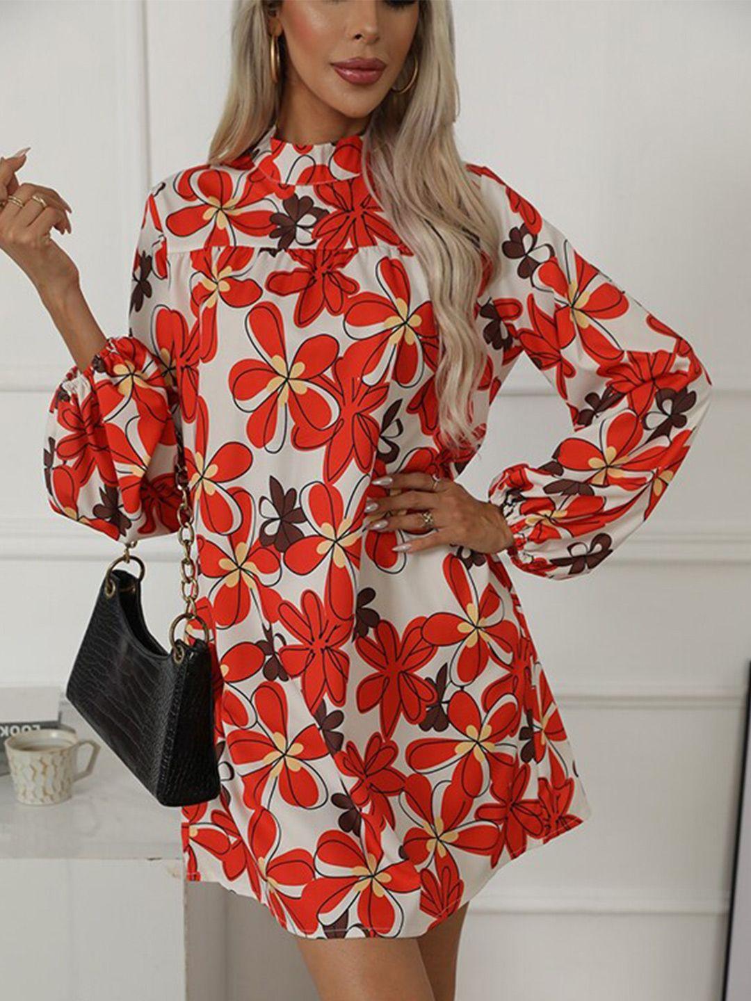 stylecast white & red floral printed high neck puff sleeves a-line dress
