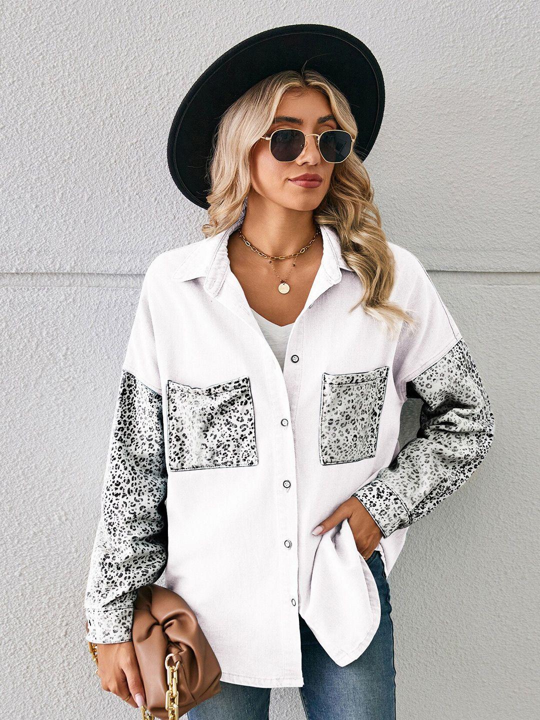 stylecast white animal printed spread collar long sleeves casual shirt