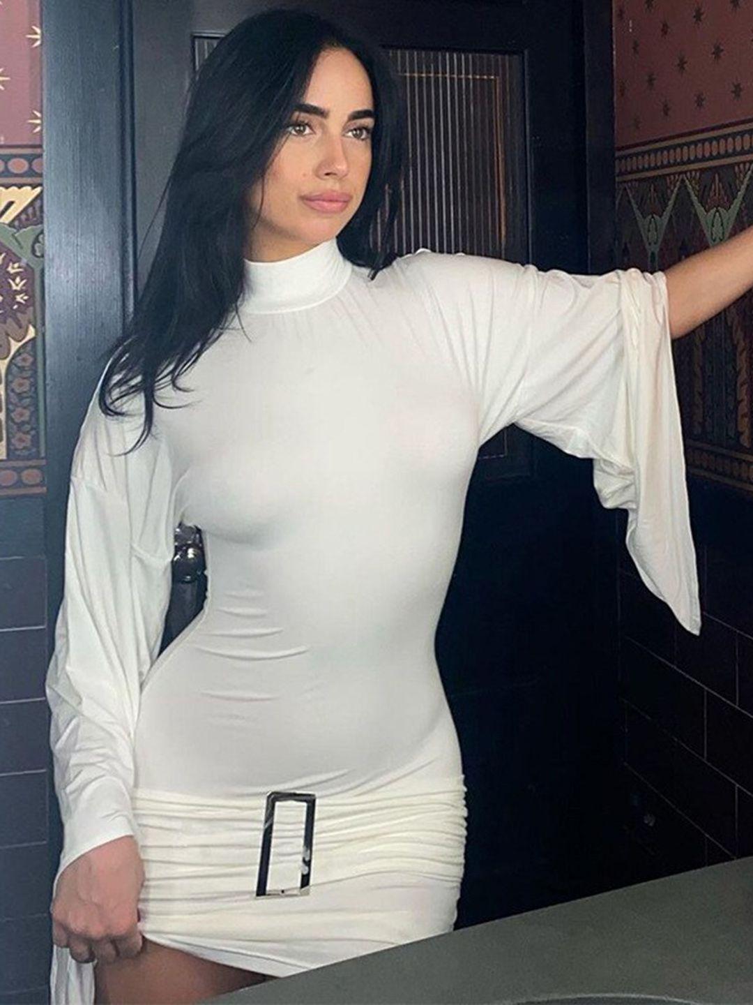 stylecast white batwing sleeve high neck belted bodycon mini dress