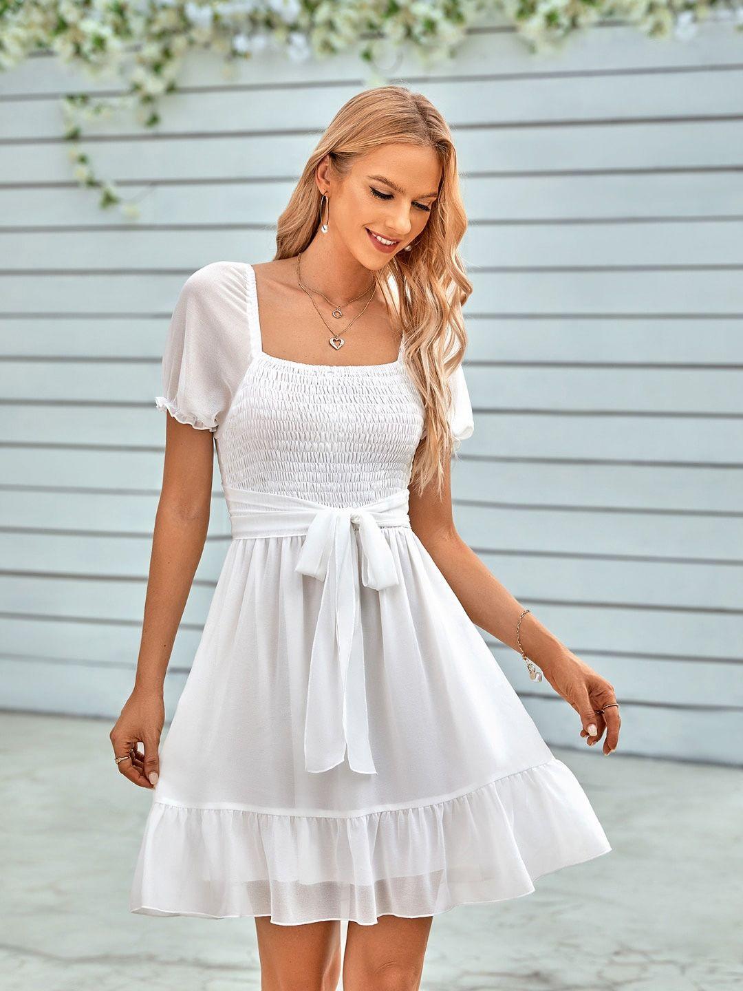 stylecast white extended sleeves smocked fit & flare dress