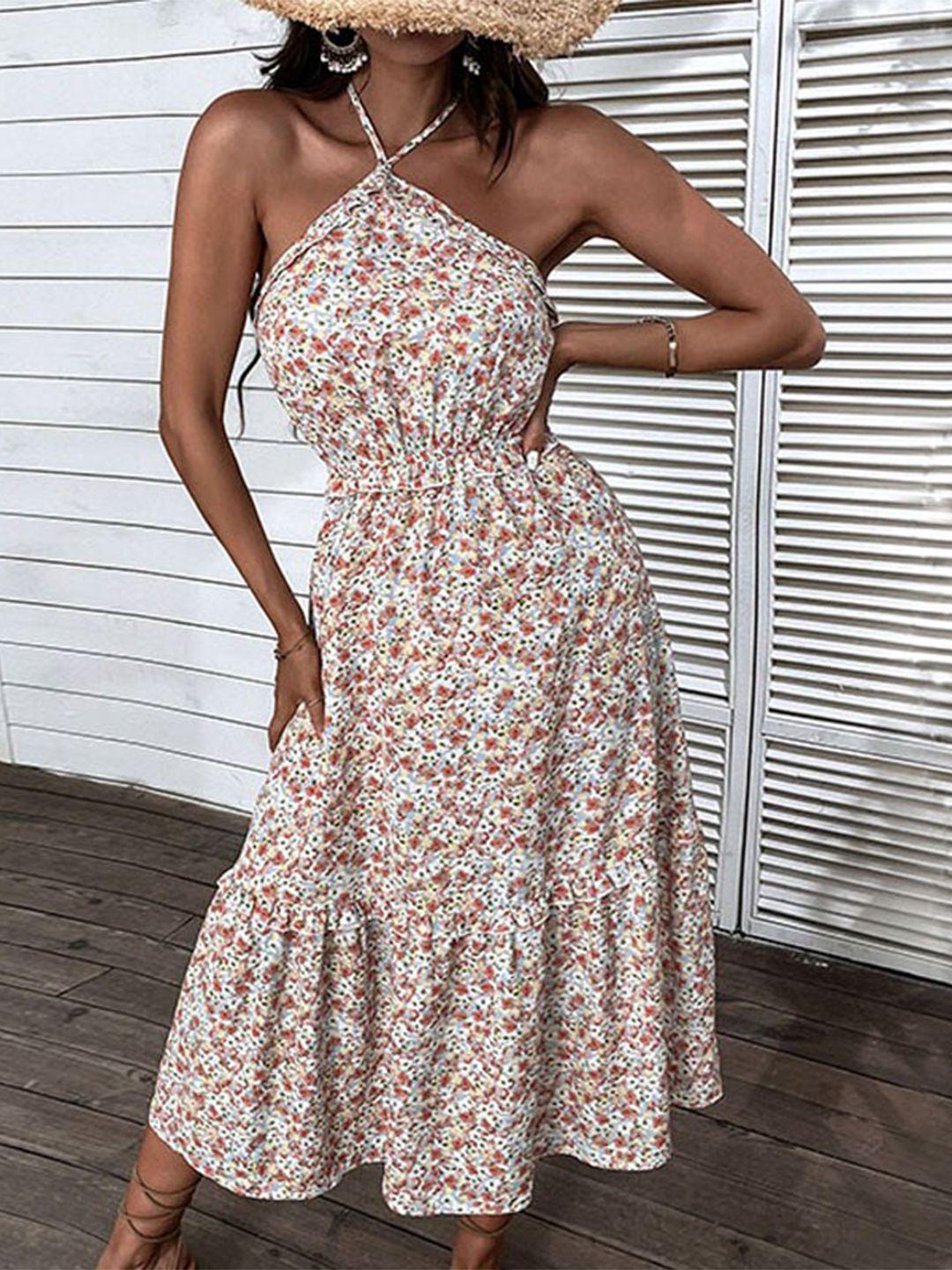 stylecast white floral printed halter neck a-line dress