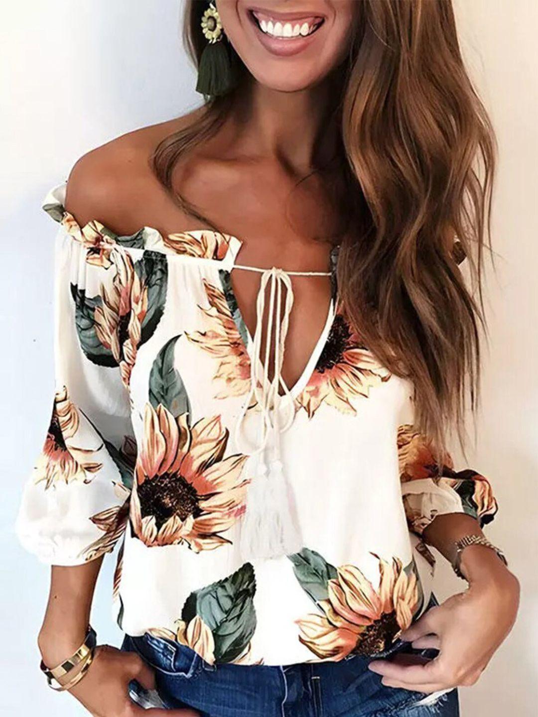 stylecast white floral printed off-shoulder tie-ups top