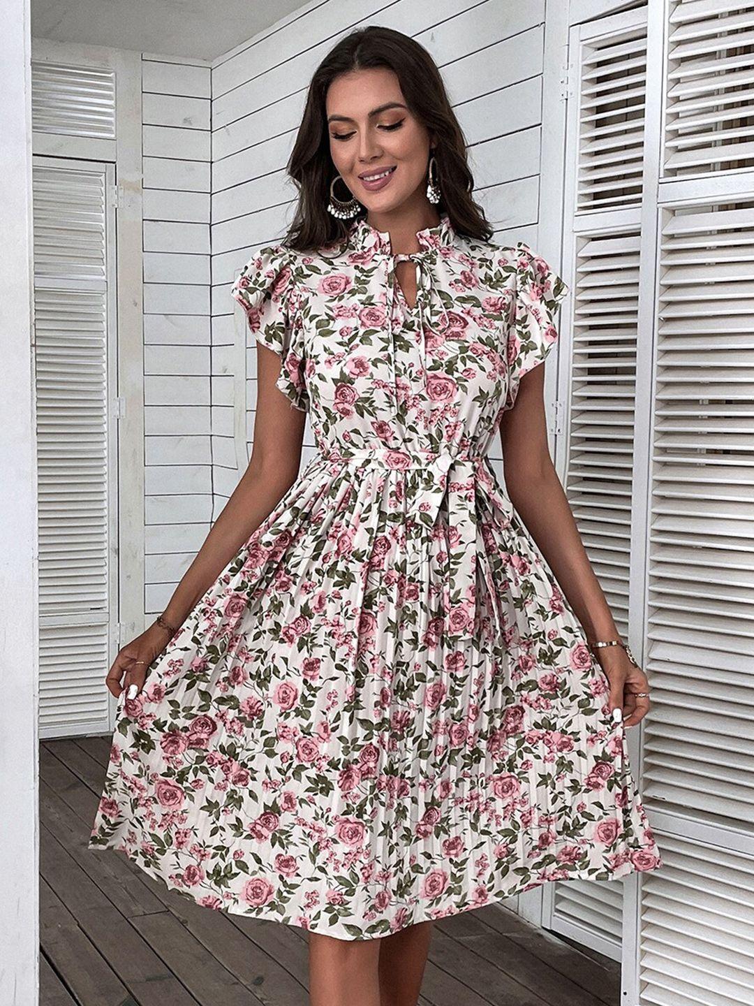 stylecast white floral printed tie-up neck flutter sleeves gathered fit & flare midi dress