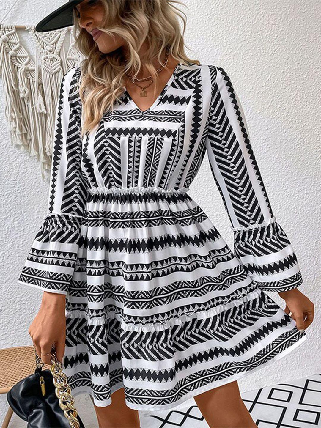 stylecast white geometric printed bell sleeves tiered fit & flare dress