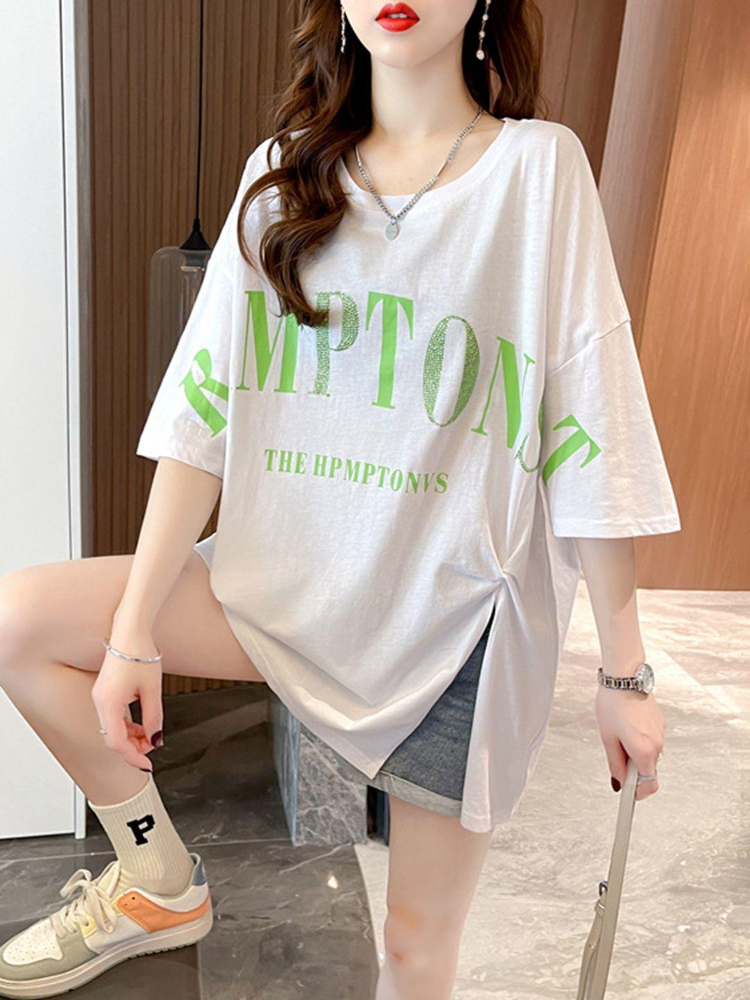 stylecast white round neck typography printed longline top