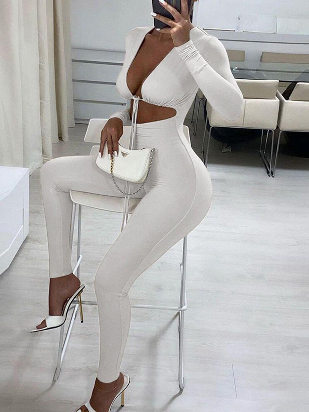 stylecast white scoop neck long sleeves cut-outs basic jumpsuit
