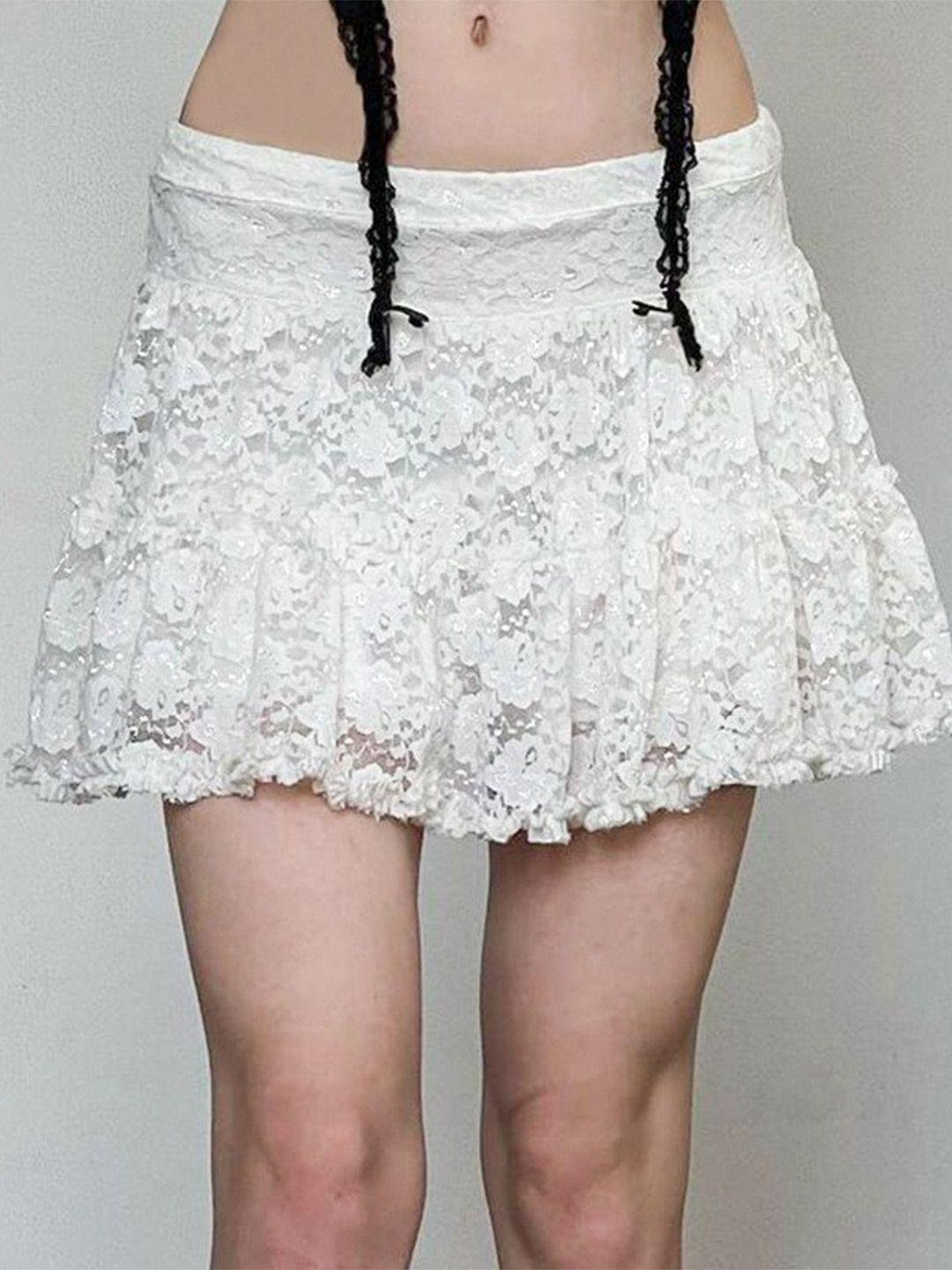 stylecast white self design lace flared skirt