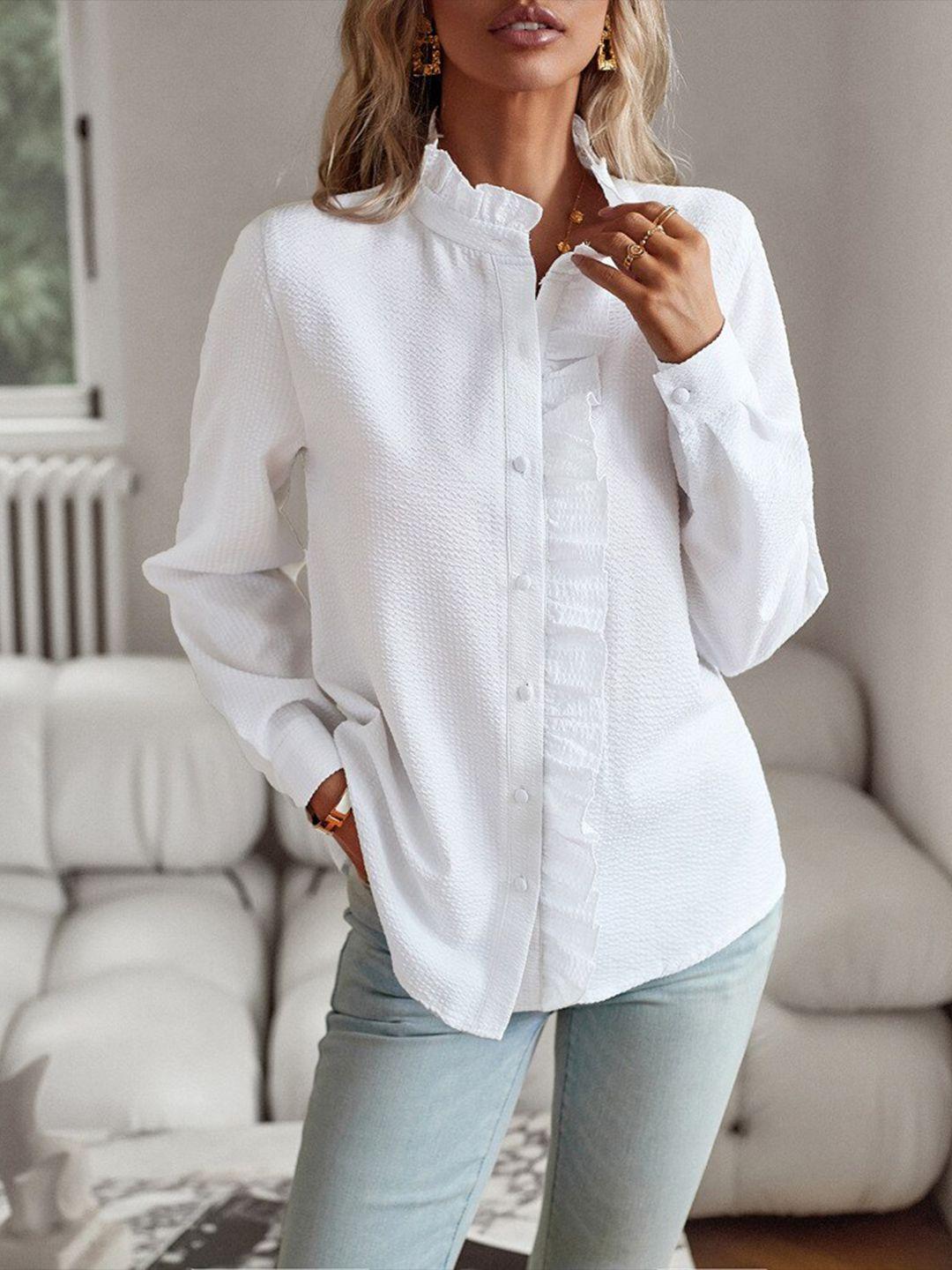 stylecast white self design ruffles seersucker shirt