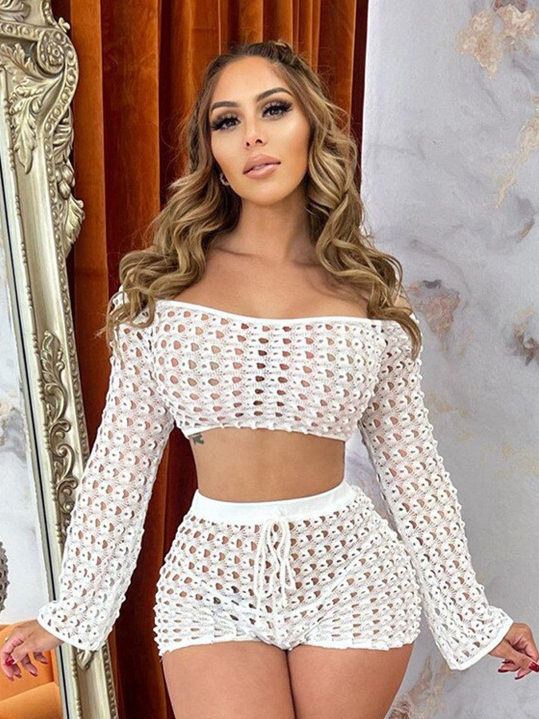 stylecast white self-designed off-shoulder cop top & shorts