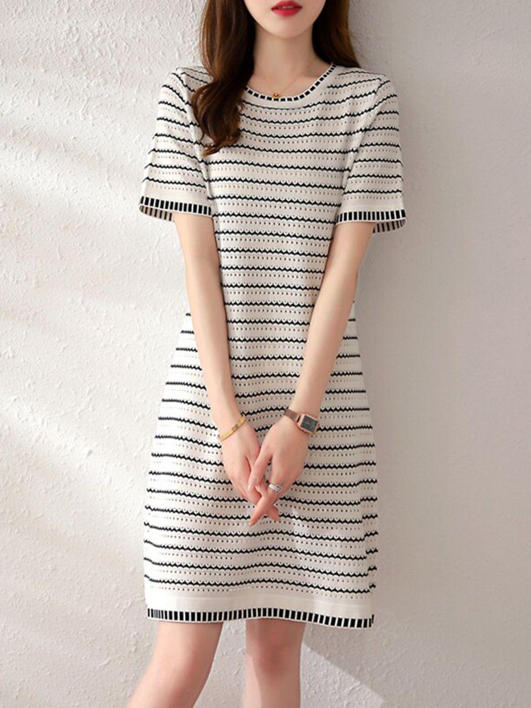 stylecast white striped round neck a-line dress