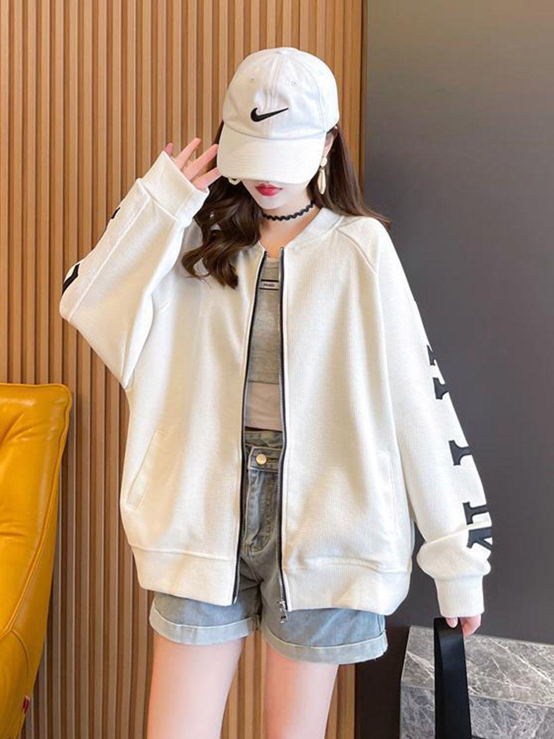 stylecast white typography printed stand collar insulator open front jacket
