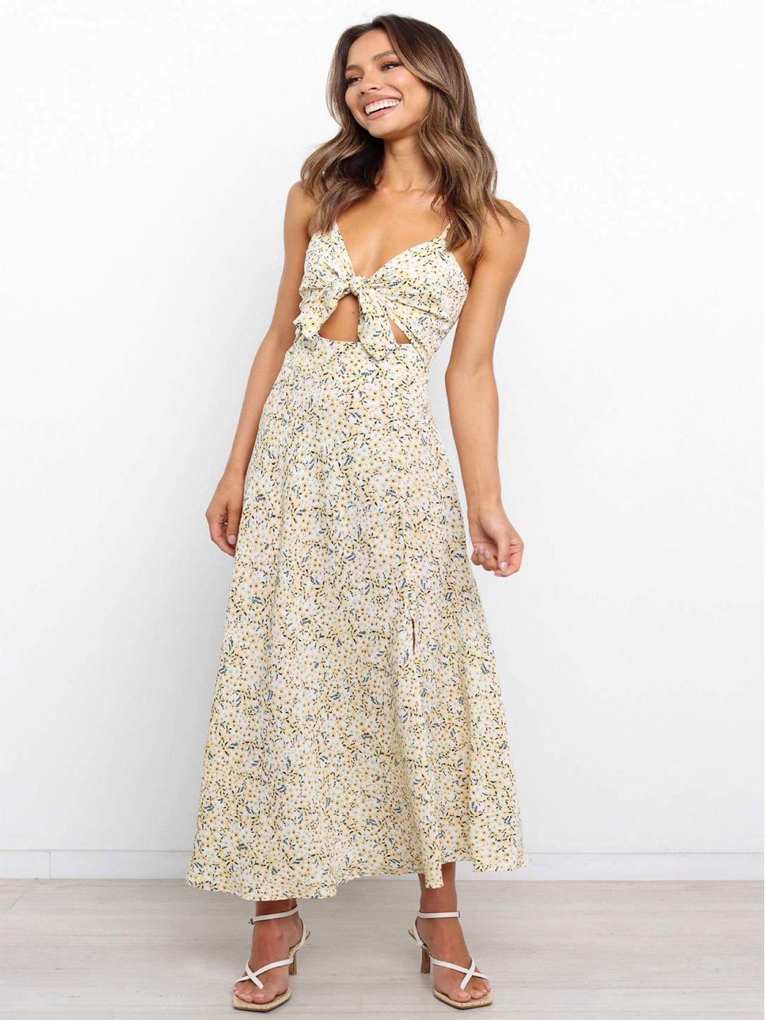 stylecast women beige floral printed maxi fit & flare dress