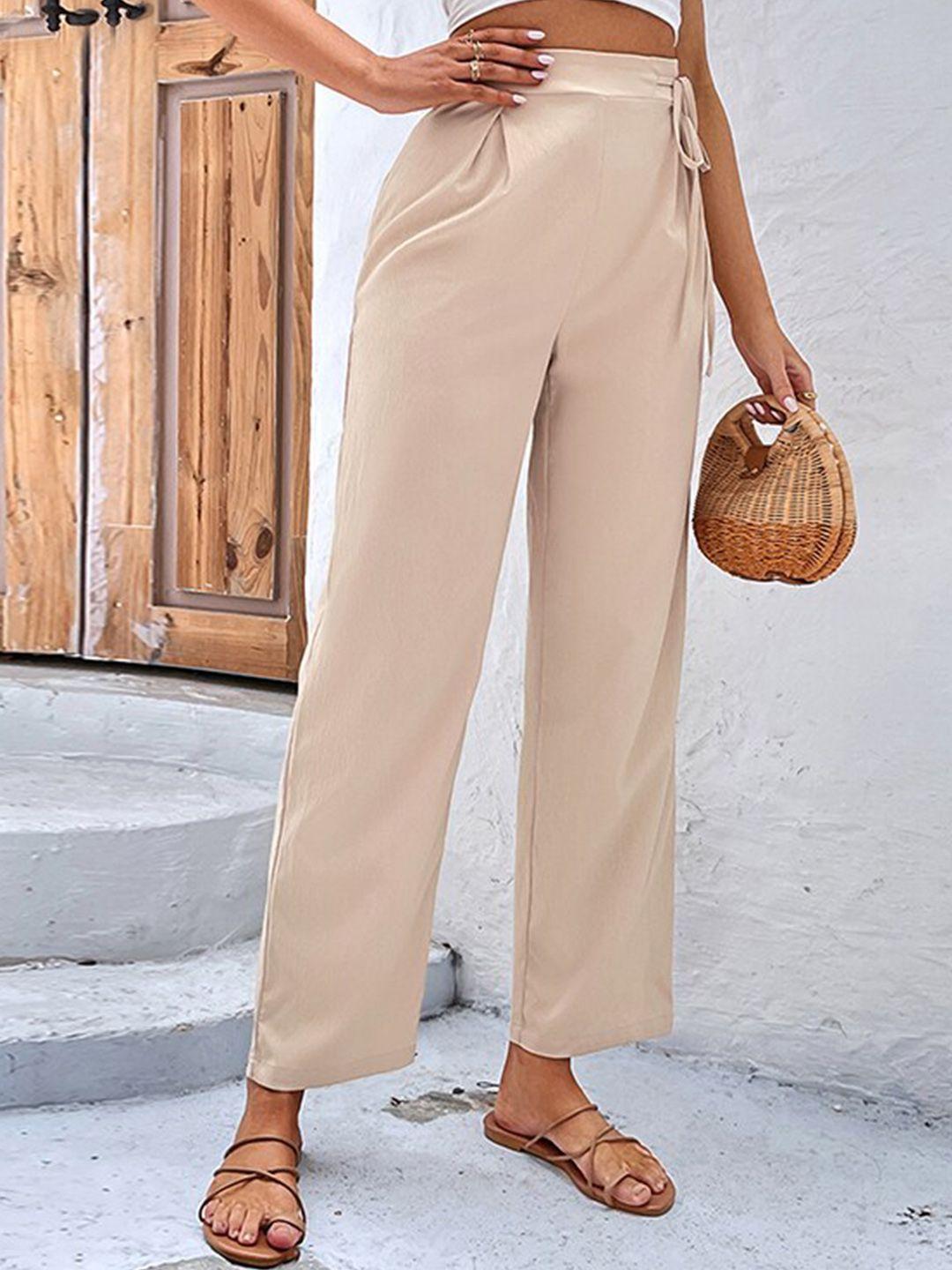 stylecast women beige loose fit high-rise pleated parallel trousers
