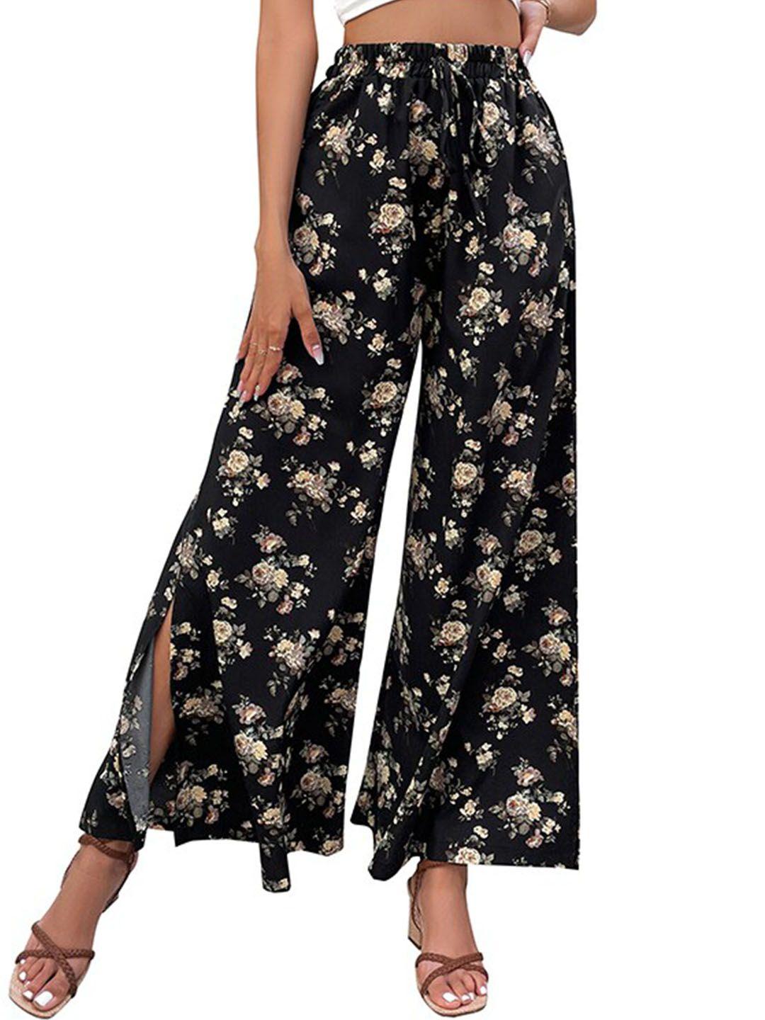 stylecast women black floral printed loose fit high-rise parallel trousers