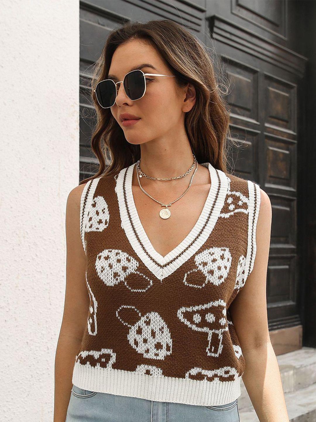 stylecast women brown & white printed sweater vest