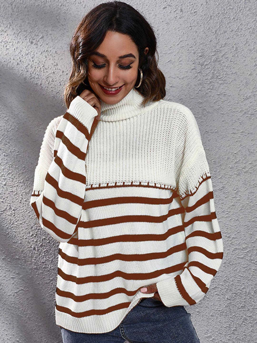 stylecast women brown & white striped acrylic pullover