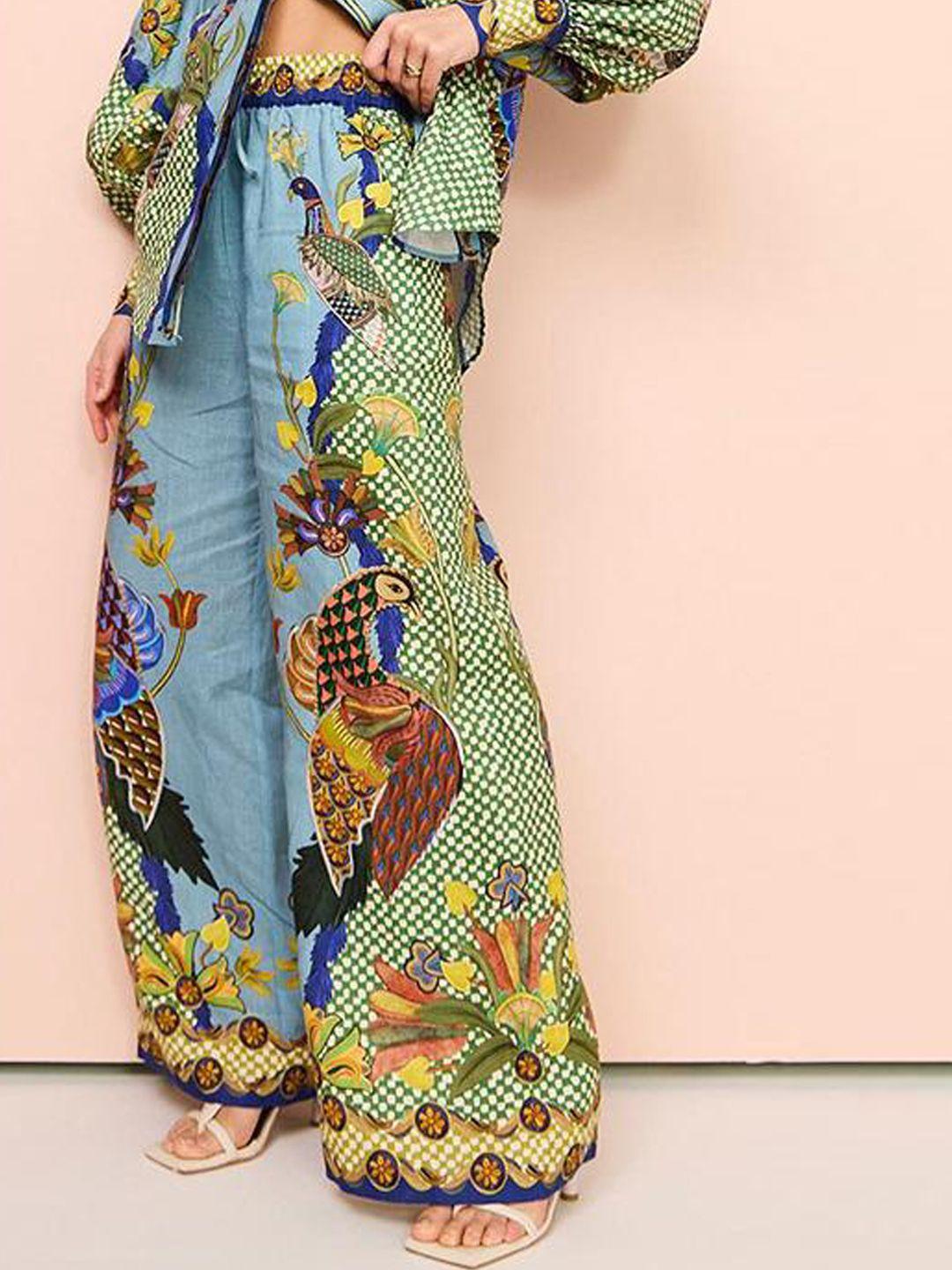 stylecast women green ethnic motifs printed loose fit wrinkle free parallel trousers