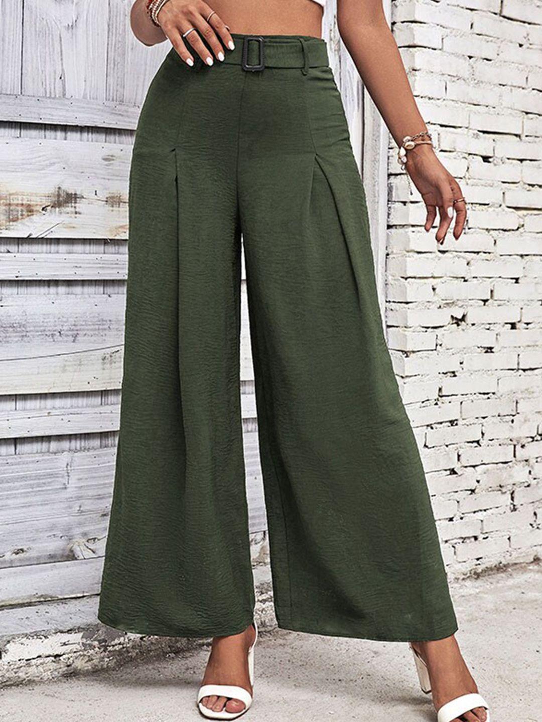 stylecast women green loose fit high-rise pleated parallel trousers