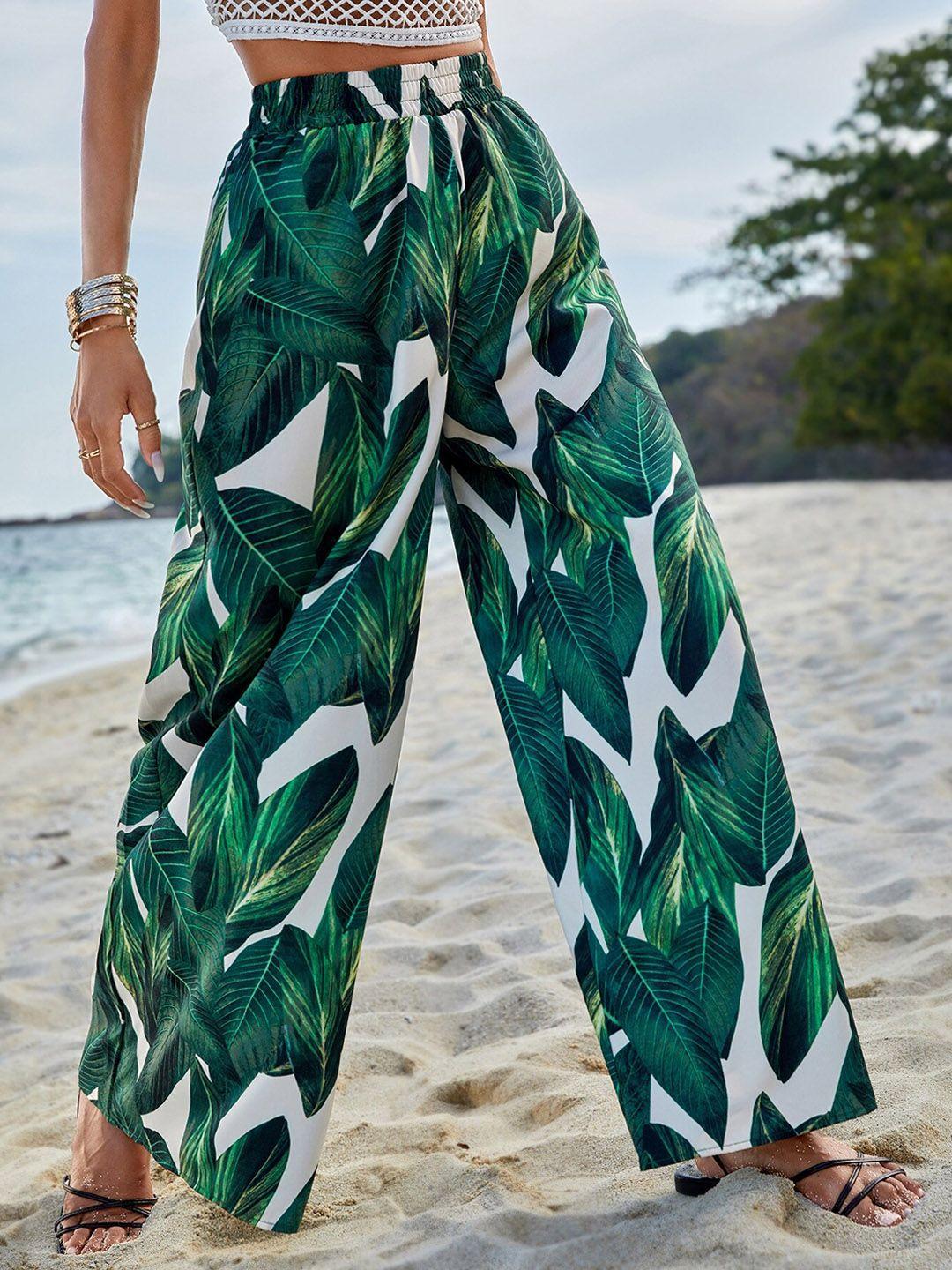stylecast women green tropical printed loose fit high-rise parallel trousers