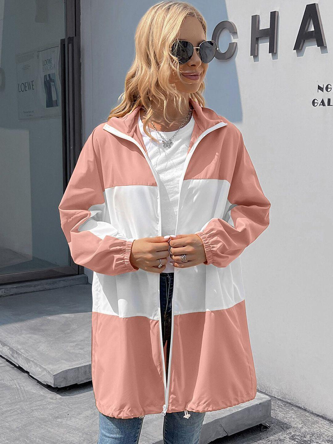 stylecast women pink & white colourblocked longline parka jacket