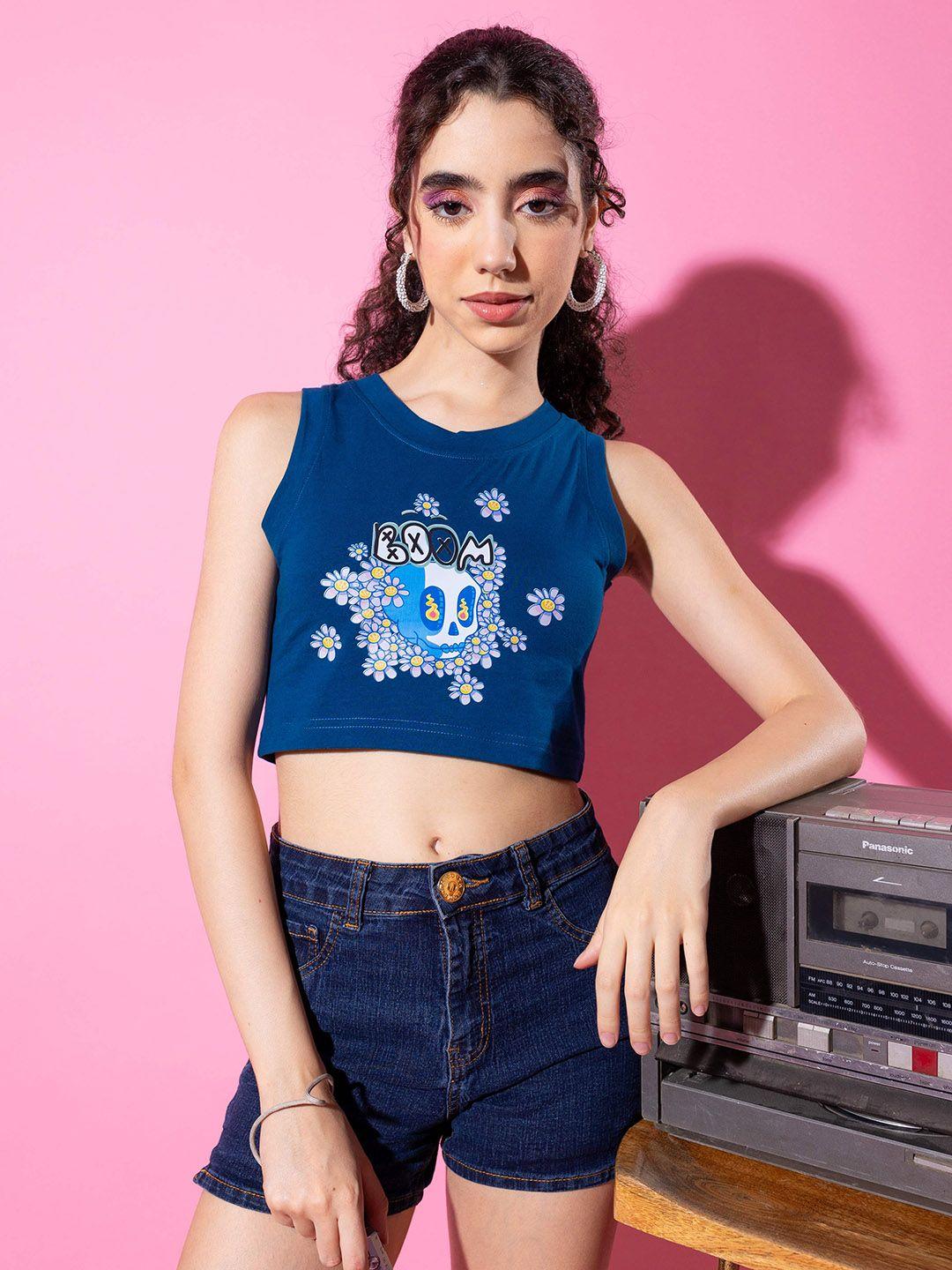 stylecast x hersheinbox blue graphic printed sleeveless pure cotton crop top