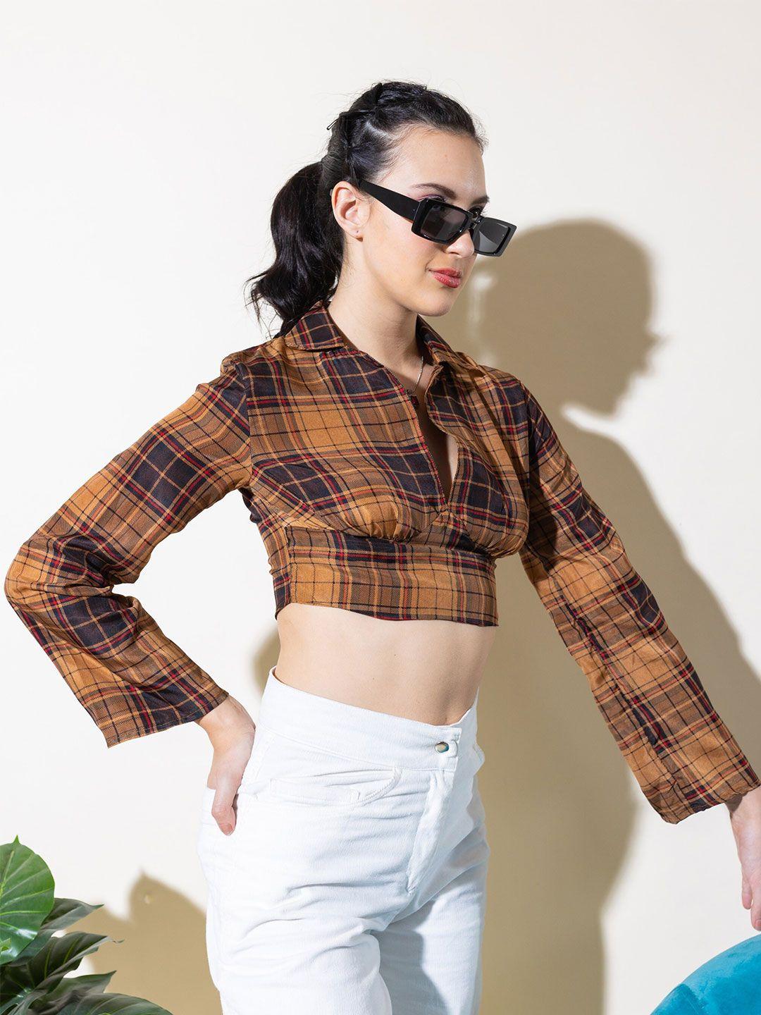 stylecast x hersheinbox brown & black checked shirt collar blouson crop top