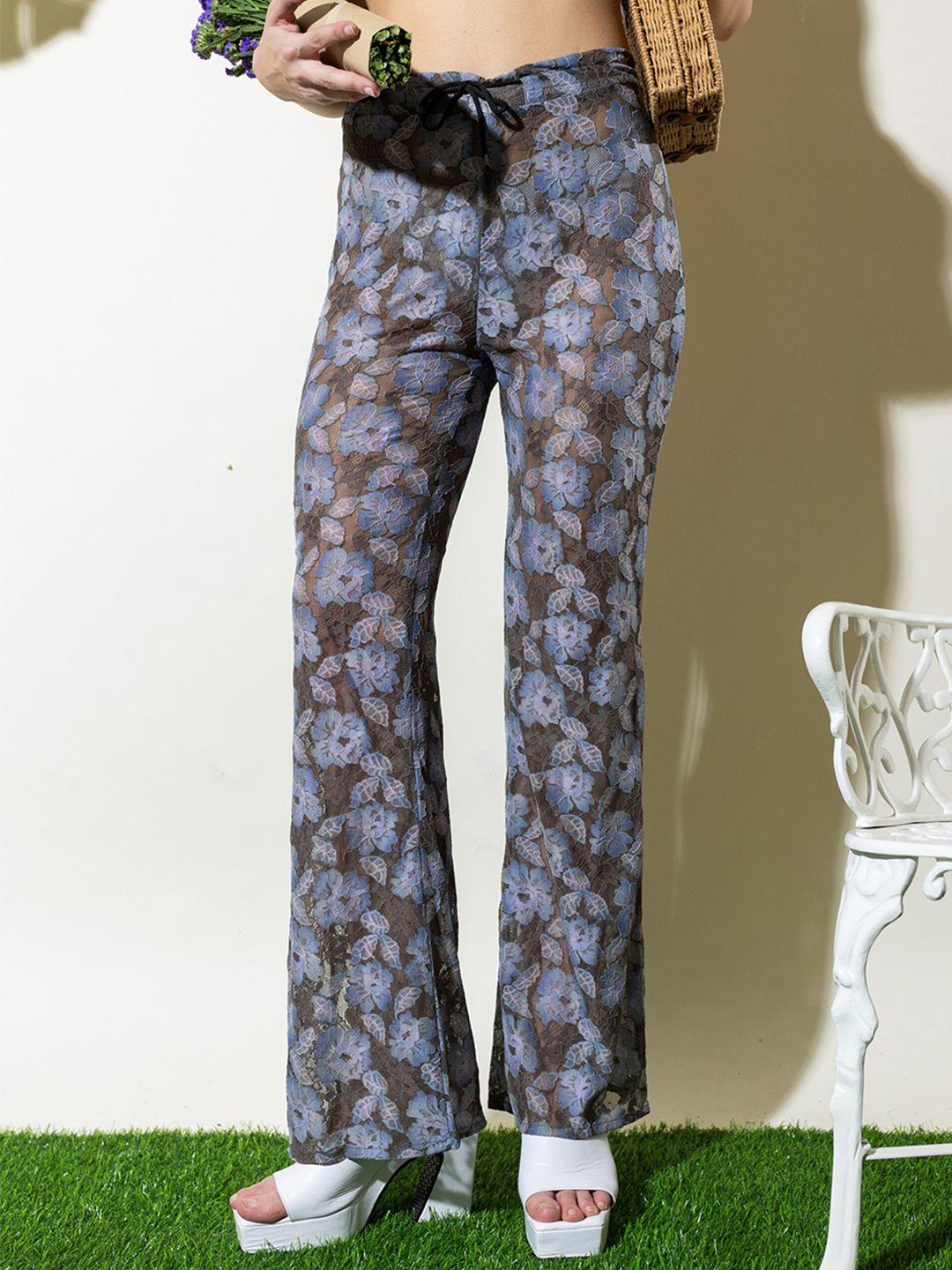 stylecast x hersheinbox brown women floral printed high-rise trousers