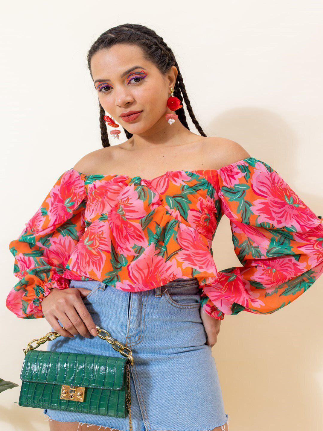 stylecast x hersheinbox floral print off-shoulder puff sleeve georgette bardot crop top