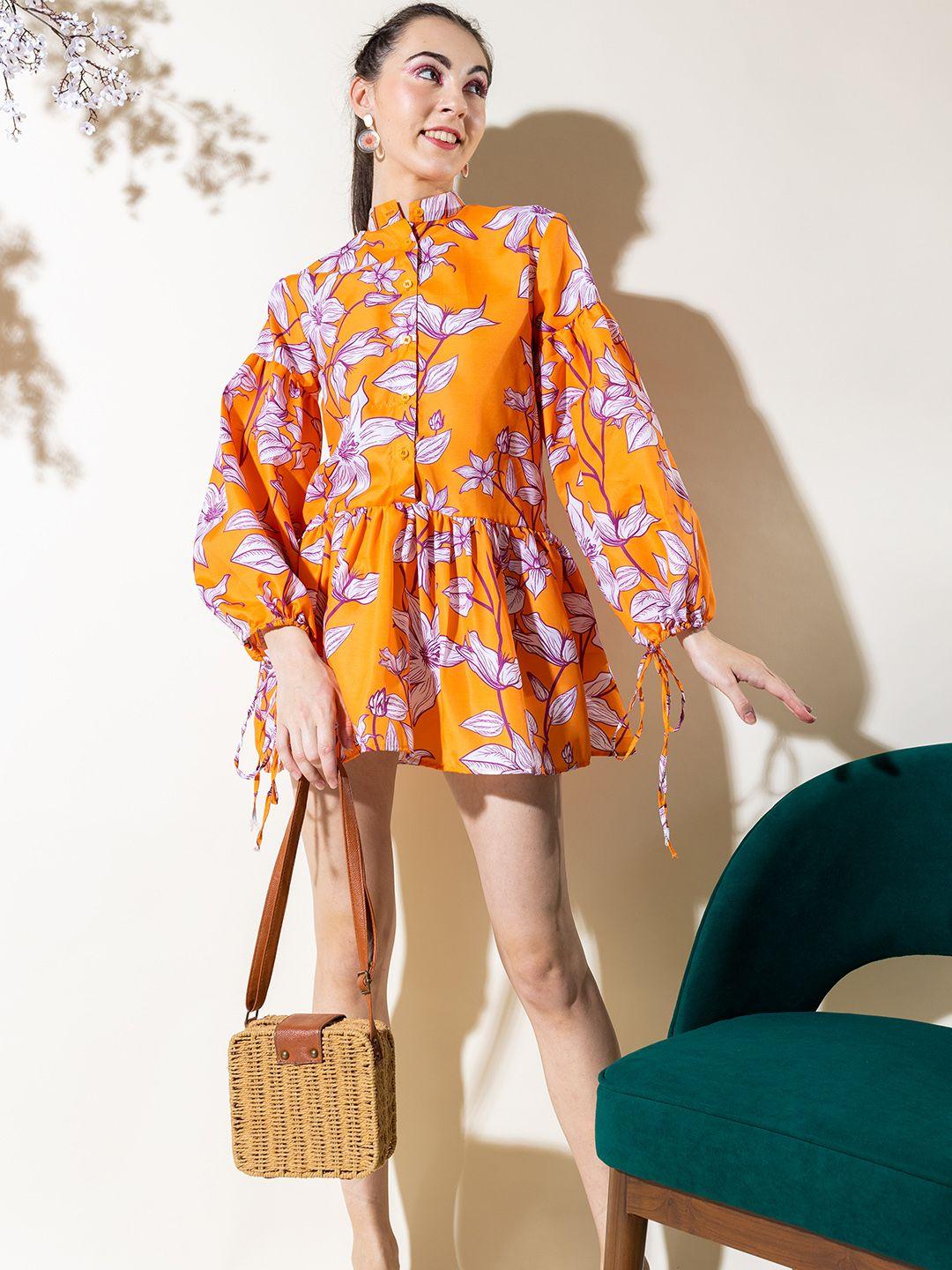 stylecast x hersheinbox floral print puff sleeves cotton shirt style mini dress