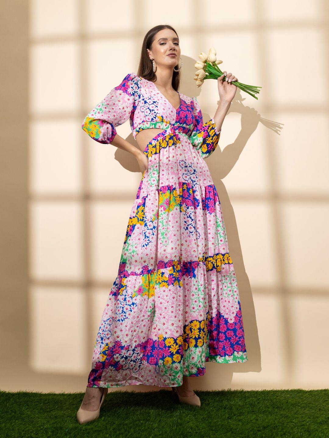 stylecast x hersheinbox floral print puff sleeves cut-out maxi dress