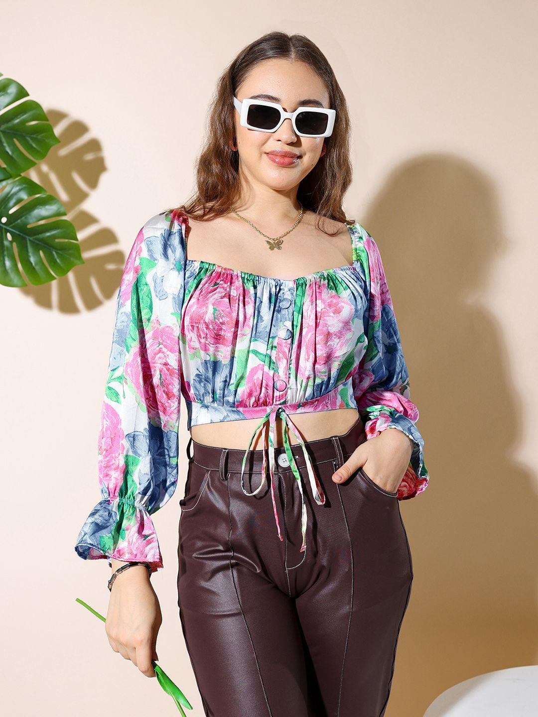 stylecast x hersheinbox floral print satin finish blouson crop top