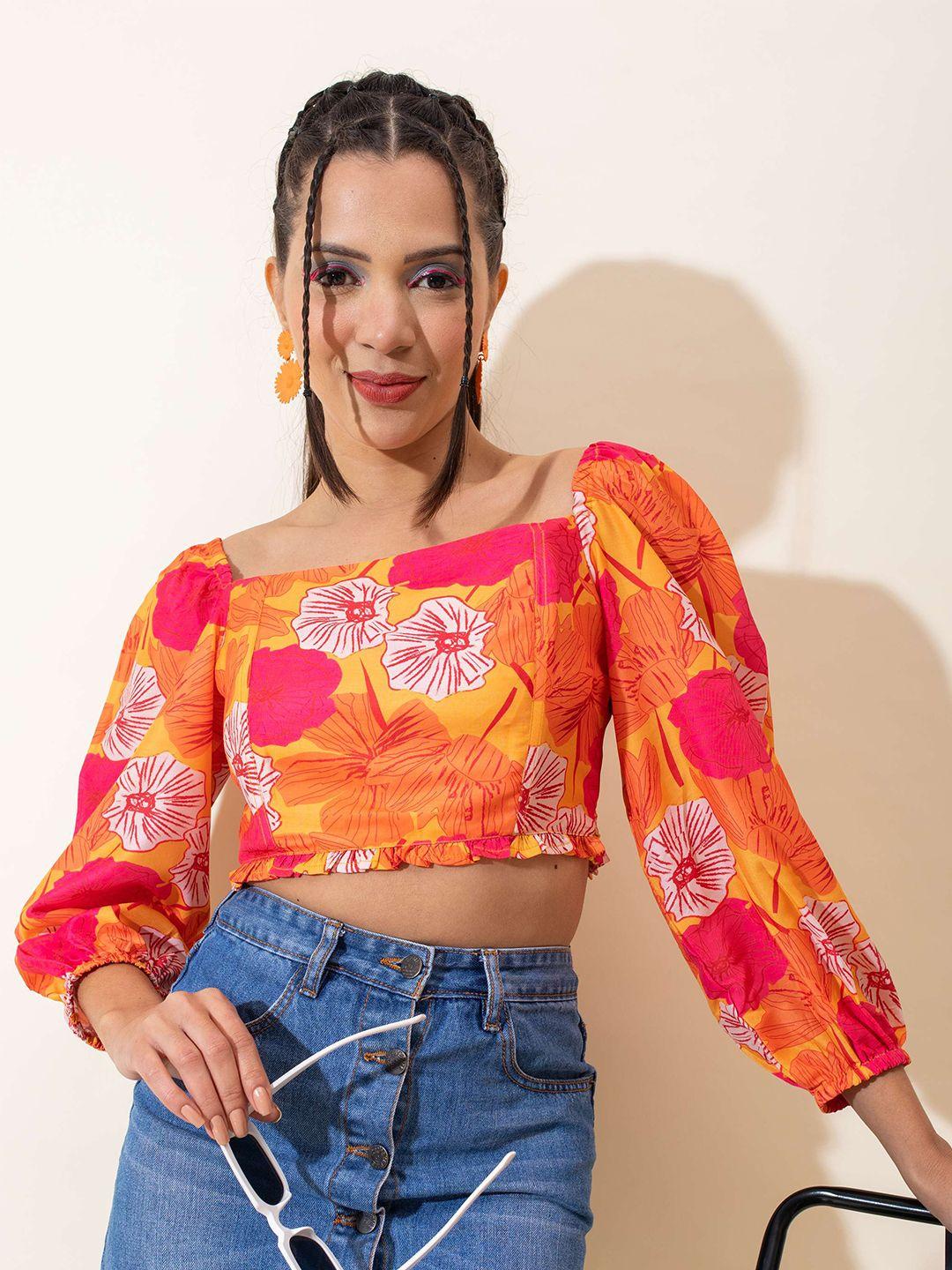 stylecast x hersheinbox floral printed square neck puff sleeve cotton crop top