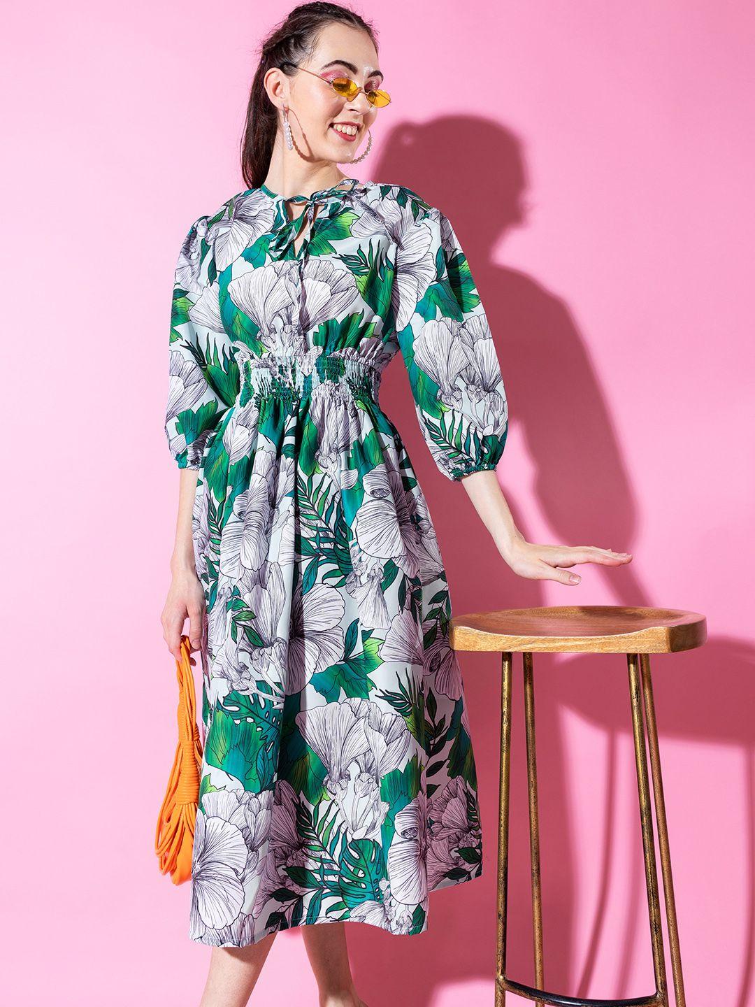 stylecast x hersheinbox green & white floral print tie-up neck puff sleeve a-line midi dress