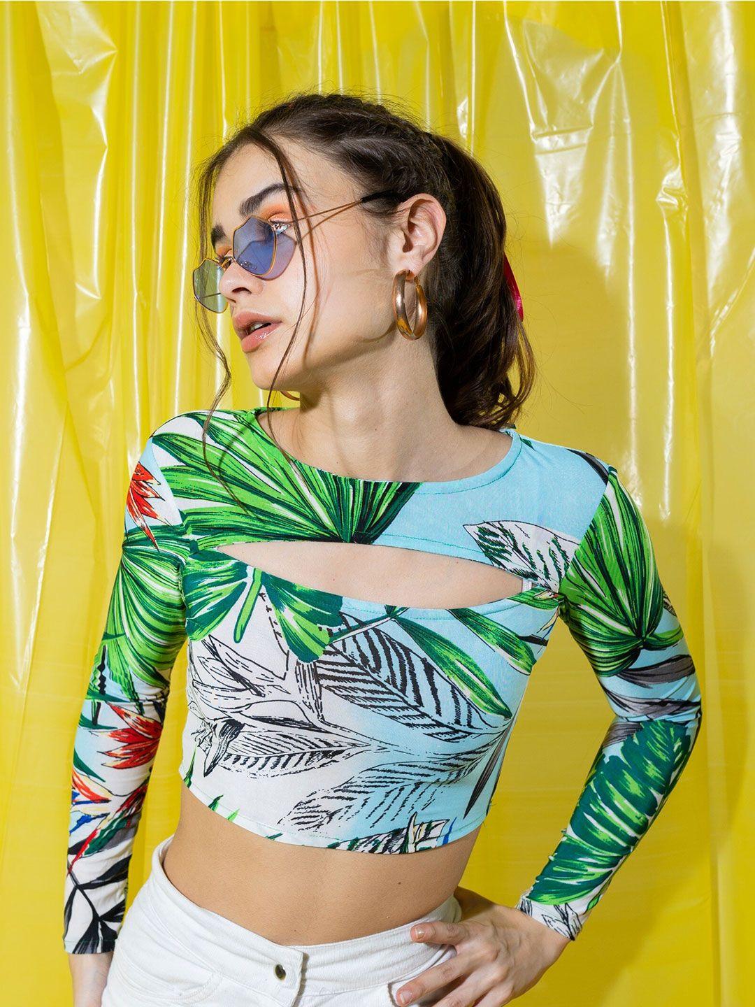 stylecast x hersheinbox green tropical printed cut-out long sleeves crop top