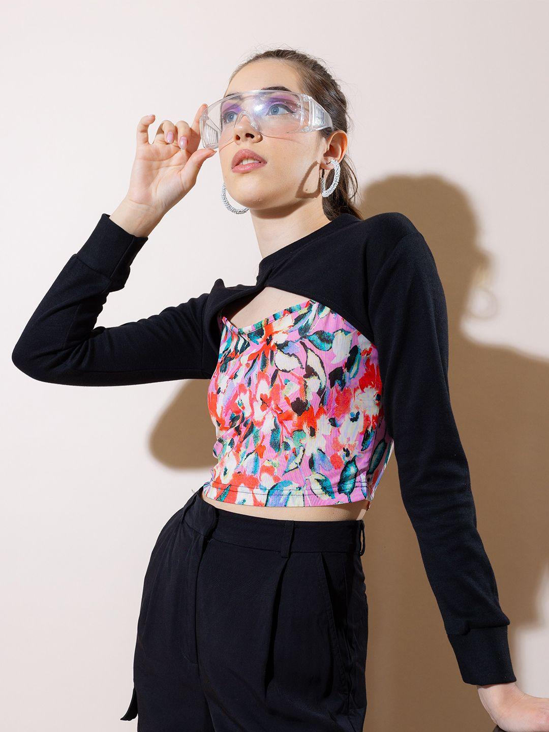 stylecast x hersheinbox navy blue & pink floral print pure cotton crop top