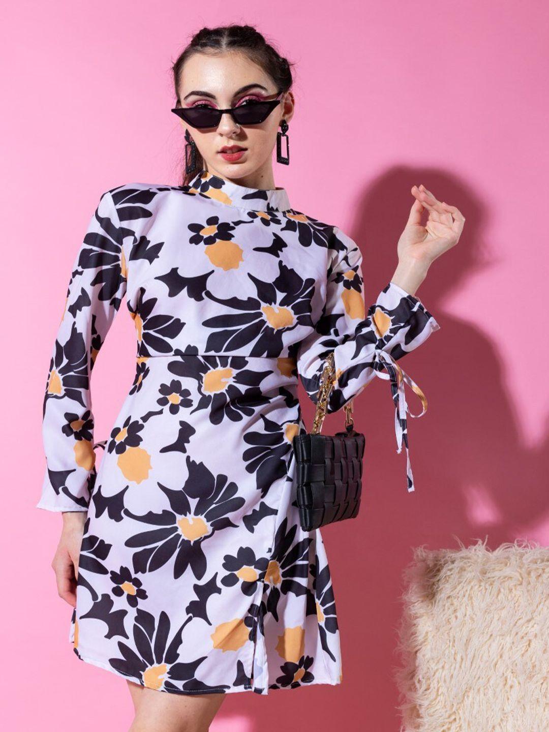stylecast x hersheinbox off white & black floral printed high neck a-line dress