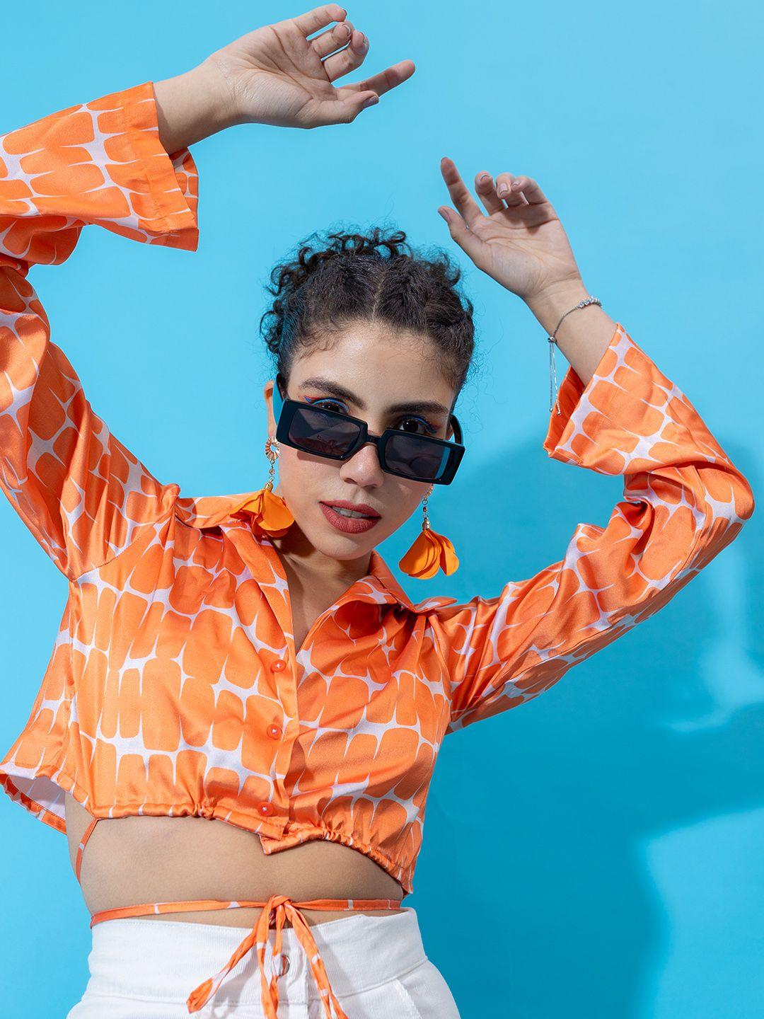 stylecast x hersheinbox orange and grey printed casual crop shirt with tie-ups detail