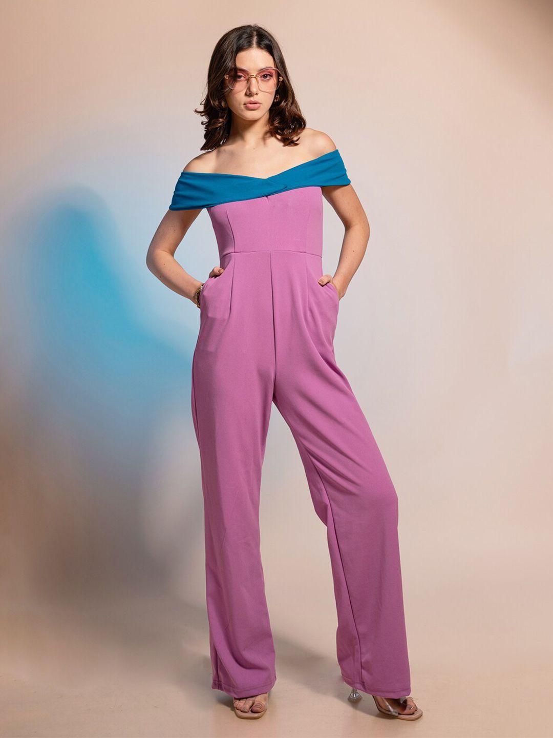 stylecast x hersheinbox pink & blue off-shoulder colourblocked basic jumpsuit